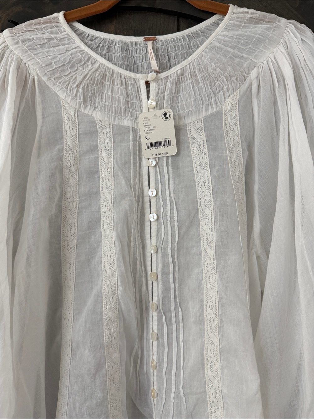 NWT Free People White Lace-Trim Button Down Peasant Blouse - Picture 3 of 13